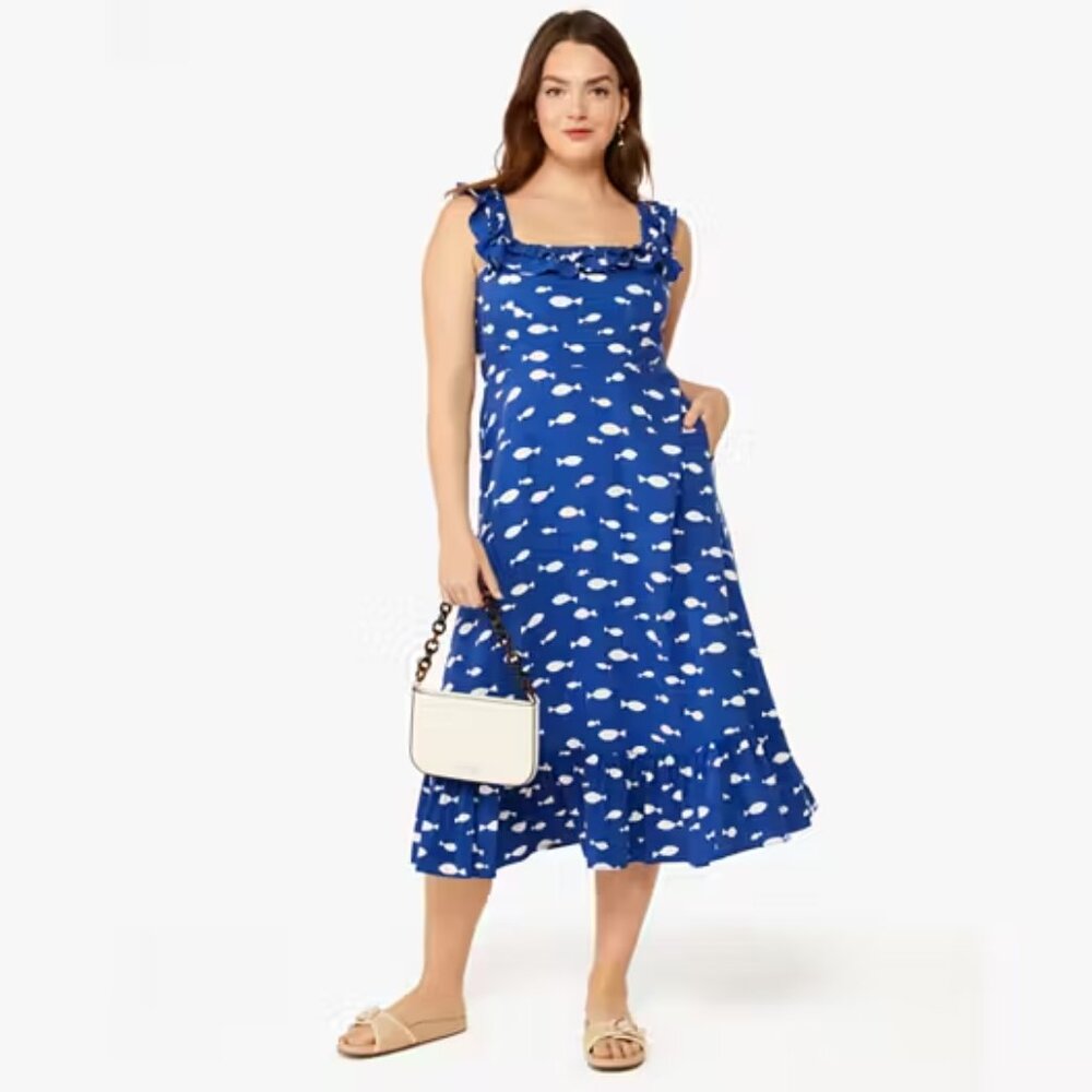 Kate Spade Graphic Fish Ruffle Midi Dress, Size XL